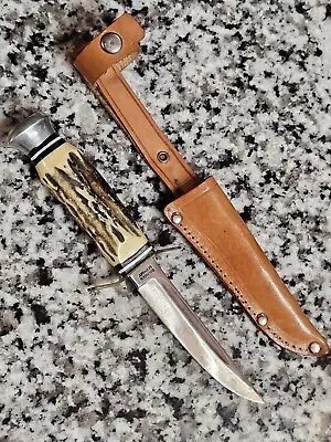 Vintage 7 1/8  Voos Schlieper Stag Handle Knife W/ Sheath - Solingen Germany • $60