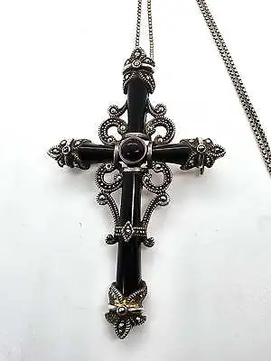Black Onyx And Marcasite Detailed Vintage Sterling Silver Cross Pendant Brooch • $125