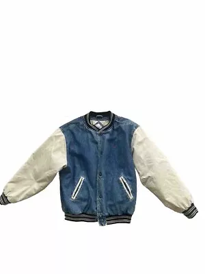 VINTAGE Gear For Sports Jacket  L Blue Beige Denim Varsity Bomber Quilted Y2K • $49.50