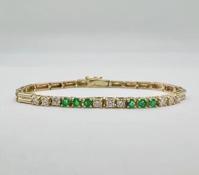 Vintage 14k Yellow Gold Green Emerald & Diamond Tennis Bracelet 6.75  - 9.7g • $950