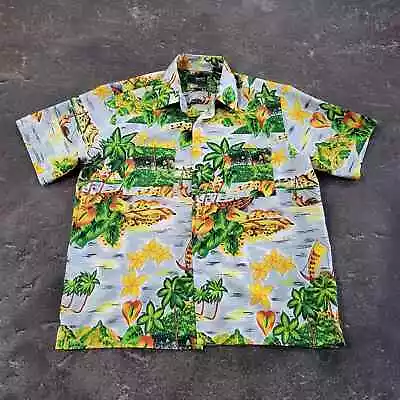 Vintage Van Cort Hawaiian Shirt Size L Green Floral Beach Short Sleeve • $44
