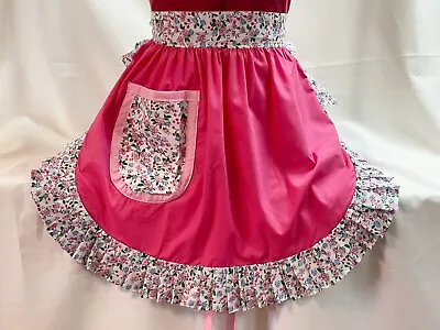 £20.99 • Buy RETRO VINTAGE 50s STYLE HALF APRON / PINNY - PINK With FLORAL TRIM