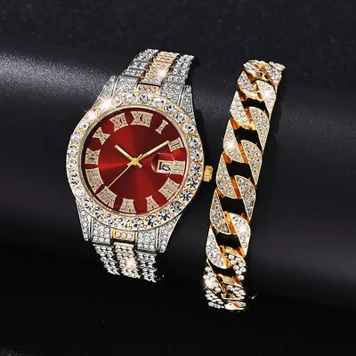 Mens Bling Luxury Silver Plated Out Diamond Hip Hop Iced Watch & Bracelet Set • £16.79