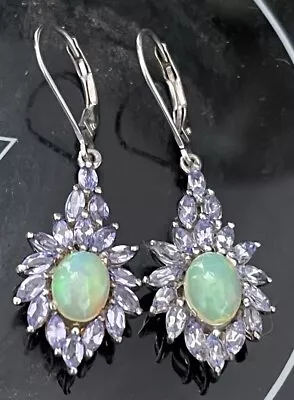 Opal Unheated Pear Blue Tanzanite Sterling Silver Sts Drop Dangle Earrings Nwot • $32.95