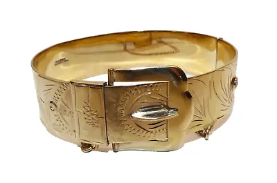 Vintage Excalibur 9ct Rolled Gold Buckle Bangle Cuff Bracelet Chased & Hinged • £75