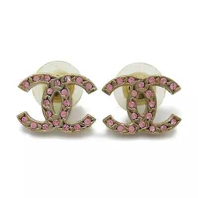 CHANEL CC Pierced Earrings Gold Plated Rhinestone Pink Used Coco • £321.25