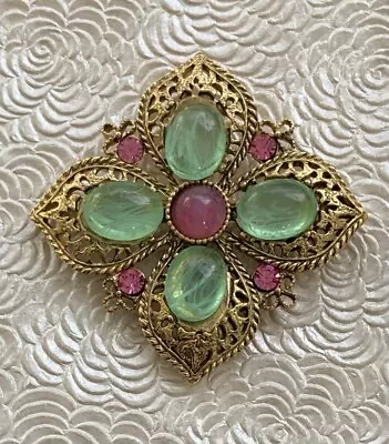 Vintage Cabochon Flower Maltese Cross Brooch • $22