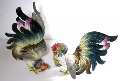 Vintage Italy Enameled Cast Metal Fighting Cock Rooster Sculpture Figurine Pair • $269.99