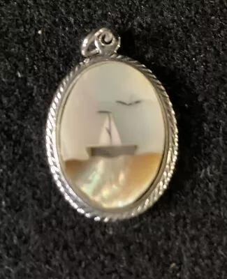 Vintage Mother Of Pearl Sailboat & Bird Oval Pendant. .75” Silver Tone • $8.99