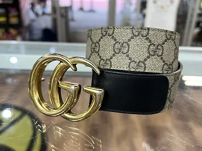 GUCCI GG Belt With Double G Buckle Supreme Canvas & Black Leather Size 80•32 • $180