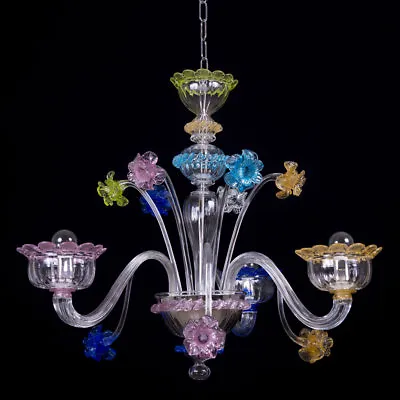 Muranese Chandelier In Murano Glass 3 Lights Crystal And Multicolor Flowers • $580