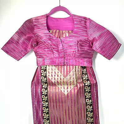Vtg Indian Saree Choli Dress Top Set M Silk Gold Floral Pallu Edge • $42.95