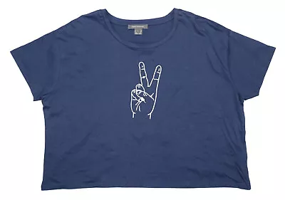 French Connection Peace Sign Print Cropped Short Sleeve T-Shirt Top L NWT Blue • $26.95