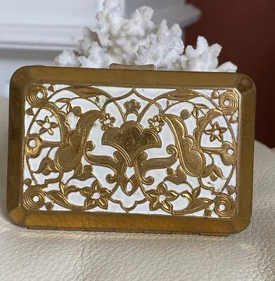 $65 • Buy Vintage Richard Hudnut NY Triple Vanity Brass & Ivory Enamel Compact Case