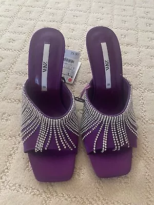 Fun Zara Satin And Rhinestone Sandal. Purple Approx 4 Inch Comfy Heel • $24