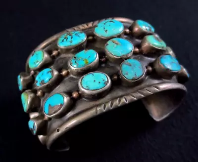 Vintage Navajo Row Bracelet - Sterling Silver And Turquoise • $389
