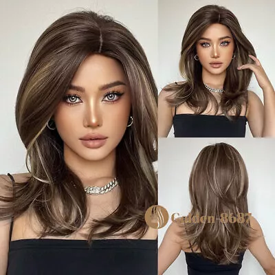 Women Hair Wigs With Side Bangs Brown With Highlights Fanshion Natural Daliy US • $16.19