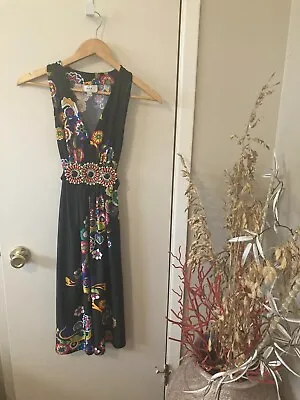 ECI New York Size 2 Colorful Beaded Waist Sleeveless Midi Dress • $9.25