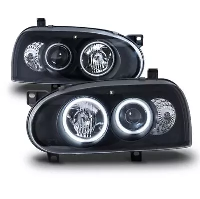 For 1993-1998 VW Golf MK3 Black Headlights Lamps Dual Halo Projector LH-RH Pair • $146.30