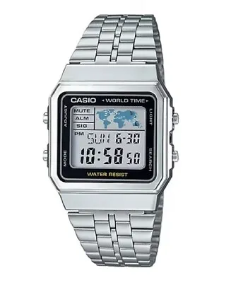 CASIO Vintage A500WA-1 SILVER TONE WORLD MAP ADJUSTABLE BAND Watch A500WA1 • $35.99