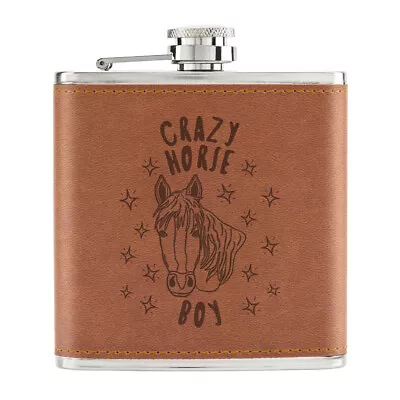 Crazy Horse Boy Stars 6oz PU Leather Hip Flask Tan Funny Animal • £12.99