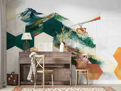 3D Geometric Landscape Elk Wallpaper Wall Mural Removable Self-adhesive 101 • $163.09