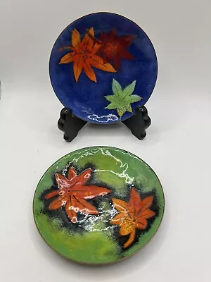 2 Vintage Enamel Over Copper Plates Trinket Dish  Autumn Maple Leaves Design 4” • $18