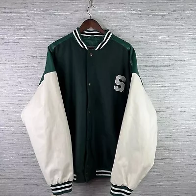 VINTAGE Michigan State Spartans Jacket Mens 3XL Green Varsity Spell Out 90s Logo • $48.88