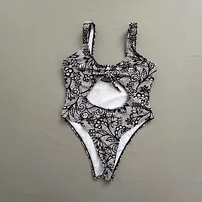 M Zaful Swimsuit Size 6 Women One-Piece Swimwear Cut-Out Beige Black Tie Floral • $8.97