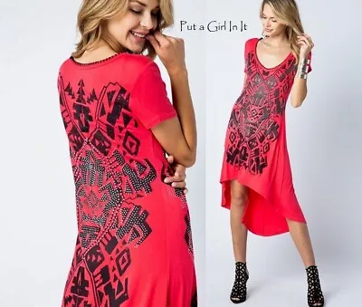 New Womens VOCAL CRYSTAL CORAL BLACK WHIPSTITCH BOHO HI LOW MAXI DRESS USA S M • $47.45