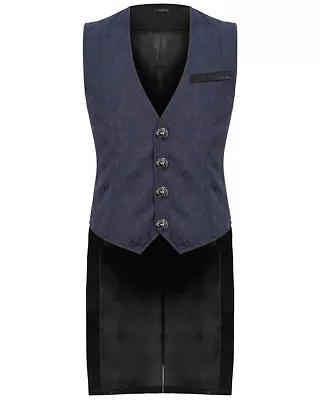 Devil Fashion Mens Gothic Aristocrat Jacquard Tailed Waistcoat - Blue & Black • £69.99