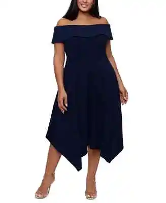 $152.24 • Buy XSCAPE Plus Size Off-The-Shoulder Handkerchief-Hem Dress Color Navy Sz 16W