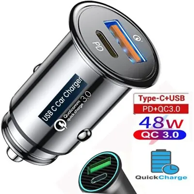 Car Charger USB C Fast Charging 48W QC 3.0 PD Mini Dual Port For Iphone Samsung • £9.99