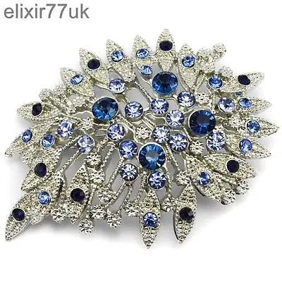 New Large Silver Flower Brooch Blue Diamante Crystal Wedding Party Broach Gift • £6.64