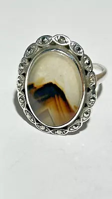 Sterling Silver Landscape Agate Marcasite Ring Size 9 • $9.99