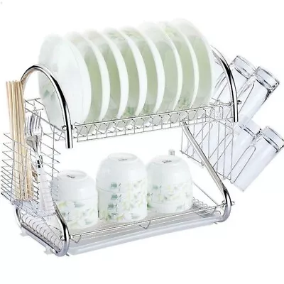 Kitchen Dish Cup Drying Rack Holder Sink Drainer 2-Tier Dryer Stainless Steel • $17.99