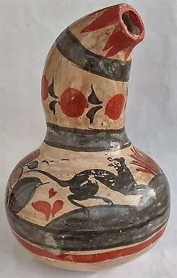 Vintage Floral Tonola Burnished Pottery Gourd Shaped 6  Water Jug Vase Mexico • $25