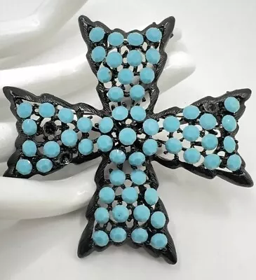 WEISS Turquoise Blue Rhinestone Maltese Cross Brooch ~ Flawed ~ 3 Missing Stones • $18