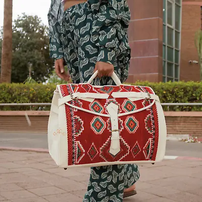 Victorian Carpet Mary Poppins Vintage Leather Weekender Kilim Travel Bag • $155.99