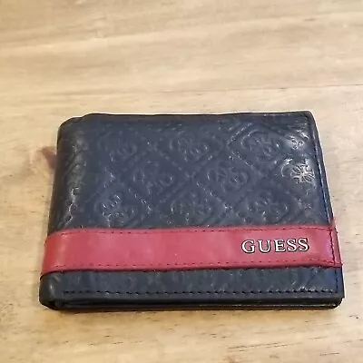 Guess Wallet Mens Black Red Strip Logo AOP Allover Leather Bifold • $13.45