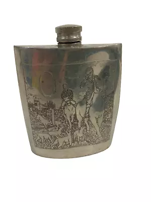 Vintage Sheffield Rose English Pewter Whiskey Hip Flask Horse Design Detail • £6.99