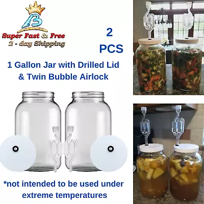 Glass Fermenting Mason Jar Carboy Fermenter Home Wine Beer Making 2 Pcs 1 Gallon • $42.85