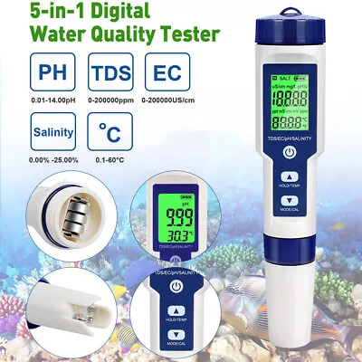 £18.92 • Buy 5-in-1 PH Meter TDS/EC/SALT Meter Aquarium Pool Pond Water Quality Tester LCD