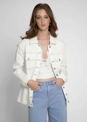 Nicole Miller Women's Ivory Denim Contrast Stitching Jacket Medium • $224