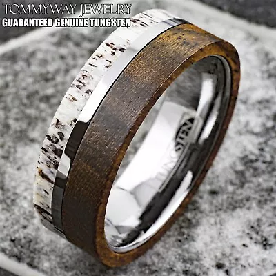 8mm Men's Tungsten Carbide Deer Antler & Bocote Wood Wedding Band Ring • $21.99