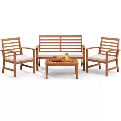 4 Pcs Outdoor Furniture Sofa Set Cushioned Chair Stable Acacia Wood Frame Table • $228.96