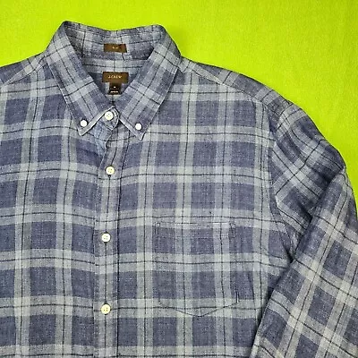 J Crew Shirt Mens XL Slim Blue Plaid Baird McNutt Linen Long Sleeve Button Down • $22.13