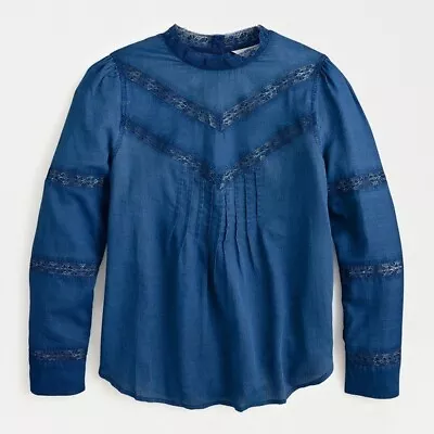 J. Crew Lace-Trim Indigo Blouse Women’s Size S High Neck Pleated Peasant Voile • $32.99