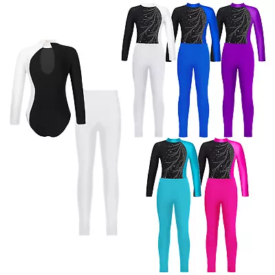 UK Kids Girls Ballet Catsuit Dance Outfits Leotard With Pants Athletic Costume • £17.36