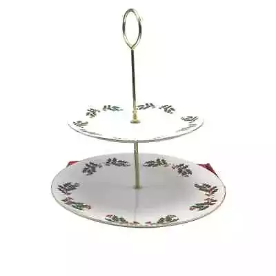 Christmas Holly Mervyn's Porcelain Two-Tier Tidbit Dessert Server (Original Box) • $39.99